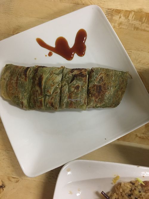 Pancake w fake meat inside - yummy!  at He Fong Su Shi Wu in Hsinchu