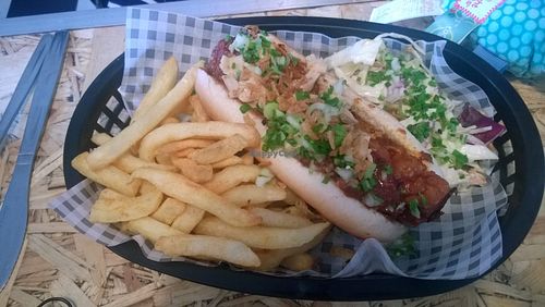 Chilli cheese rib dog with fries at Grumpy Panda Slice Shop & Deli in Gateshead