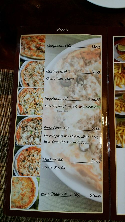 pizza menu at Petra Restaurant in Phnom Penh