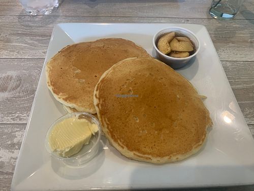 Pancakes with Apple cinnamon topping   at Simply Green Cafe in Ramsey