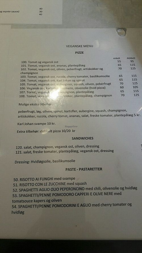 Vegan menu in Danish at Vecchia Milano Trattoria Pizzeria in Copenhagen