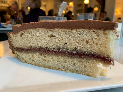 Vanilla cake with chocolate frosting and raspberry filling at Garden Cafe of Woodstock in Woodstock