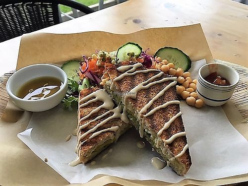 toasted vegan cheese sandwich with salad at Whole Life Organics in Maungaturoto