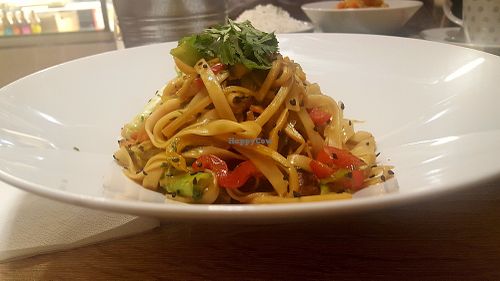 udon noodles with vegetables and peanut sauce at Happy Bean in Prague