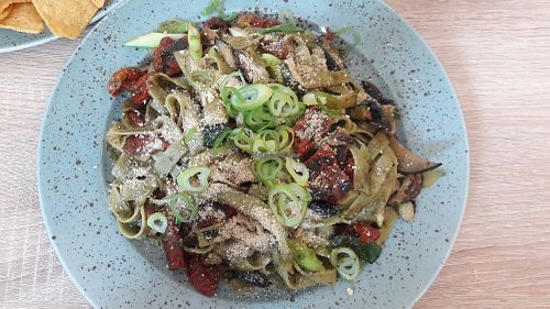 Vegan pasta dish at Happy Bean in Prague