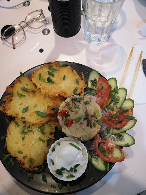 Potato pancakes with vegan sour cream at Vegan Port Pizza & Restaurant in Gdansk