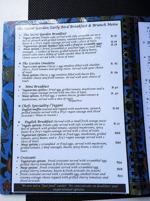 Menu at The Secret Garden in Benoni