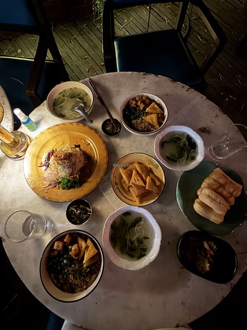 Shan noodles, moringa soups, jackfruit htamin thoke and kyar kway with pe pyote and extra fried tofuu  at Rangoon Tea House in Yangon