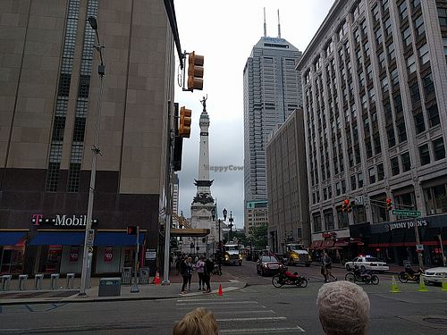 Walk down this street and towards the monument to get to Greenleaf Juicing Company at Greenleaf Juicing Company in Indianapolis