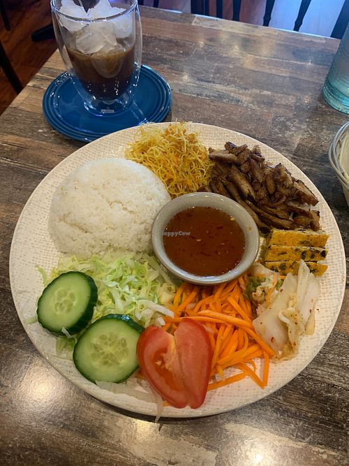 vegan Vietnamese iced coffee and com tam   at Olivia Spring Cafe in Moonee Ponds