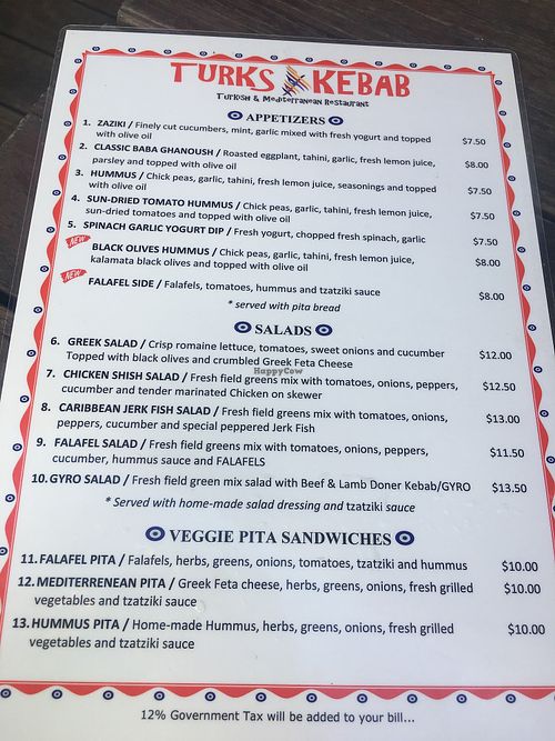 Vegetarian/Vegan menu at Turks Kebab in Providenciales