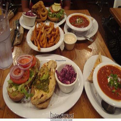 Food! Grillin' Chickin', Sweet Heart Fries, Bean me Up Chili,and 'The Stack' at Veggie Grill - University Center in Irvine