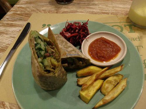 Jerusalem mix as a burrito with sweet potato fries at Zula Vegetarian Paradise in Seminyak