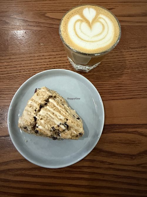 Gibraltar with oat milk and blueberry lemon scone    at Horizon Line Coffee in Des Moines