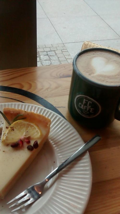 Lemon tart and soy latte at FC Caffe in Wroclaw