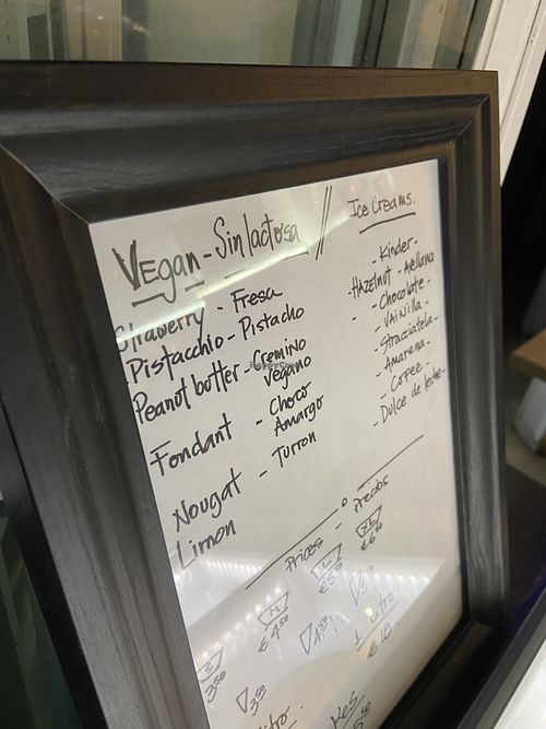 Menu showing vegan options   at Fresca Passione Heladeria in Marbella