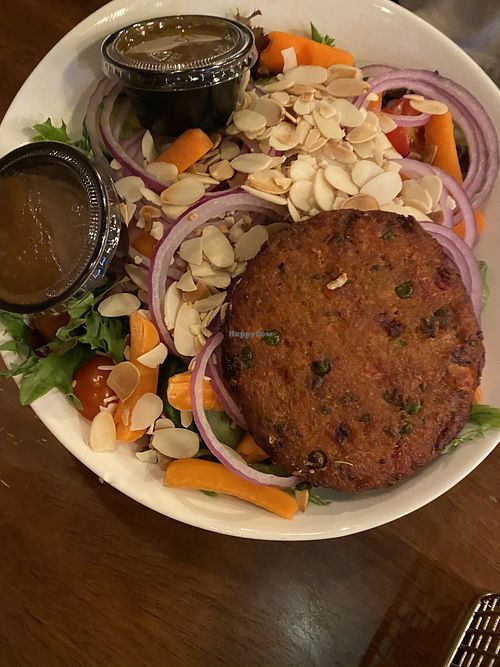 TOASTED ALMONDS SALAD, with a veggie burger   at Burger Village in Hicksville