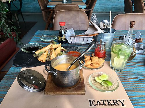 Vegan lunch - mint,lemon and ginger detox water; lentil soup and veggie spring rolls at Eatery in Cairo