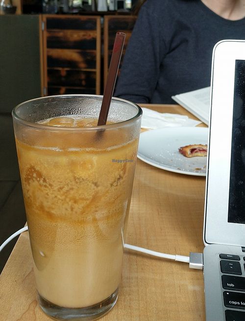 Iced coco-oat raspberry latte at Jet Black Coffee Company - Gateway in Portland