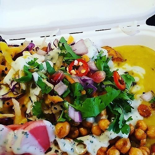 Buddha Box
Basmati Rice, Coconut Dal, Roasted Sweet Potato, Crispy Chick Peas, Jaipur Slaw, Mango & Lime Dressing, Pickled Baby Vegetables, Pomegranate, Red Onion and Coriander with Soya or Dairy Yogurt  at Gopal's Curry Shack in Bristol