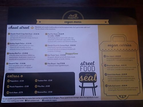 New vegan menu, July 2018 at Chai Naasto in Beckenham