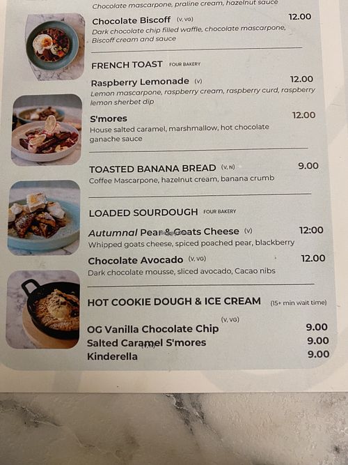 Marked VG for vegan  at Flour Patisserie in Jersey