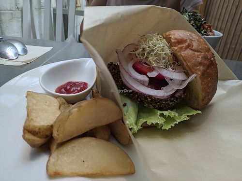 Vegan quinoa burger and wedges, 1300. at Natudeco in Kamakura