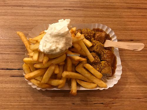 Tofu currywurst and fries with vegan mayo!!! SO GOOD at Curry One in Berlin