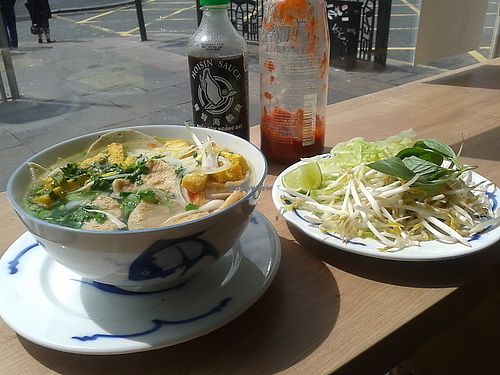 Vegan chicken PHO noodles with bean sprout salad at VietCafe in Newcastle Upon Tyne