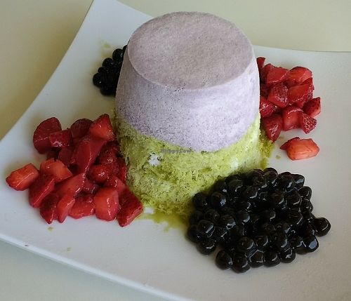 Vegan Green Tea and Taro Snow, With Boba and Strawberries at Vampire Penguin in Eureka