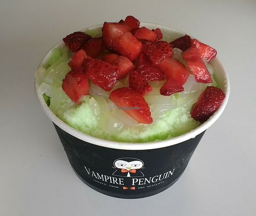 Vegan Honeydew Snow, With Coconut Jelly and Strawberries at Vampire Penguin in Eureka