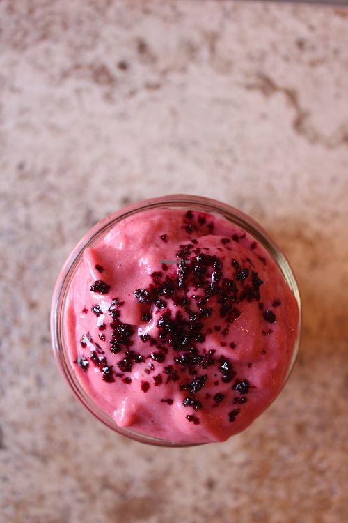 Strawberry Ruby Smoothie with skin nourishing camu berry, rosehips and beet crystals at Pure Joy Kitchen in Bend