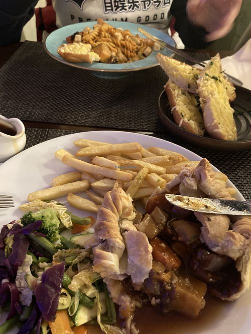 Root vegetable pie and the pasta dish with garlic bread.   at The Chester Arms in Chicheley