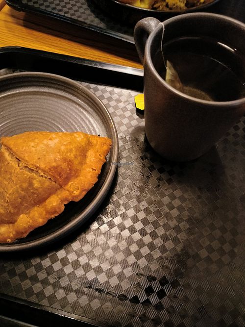 A vegan samosa and herbal tea. at Govinda's - North City in Dublin