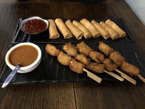 Delicious starters - spring rolls and seitan with satay sauce at Liutaio Music Cafe & Shop in Cambridge