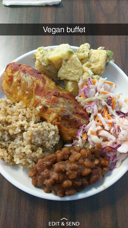 Vegan baked beans, rice, cabbage roll, potato salad and coleslaw. Buffet lunch at The Hub in Tupper Lake