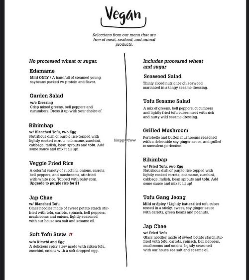 Vegan menu as of June 2022 at Mokban Korean Bistro in Providence
