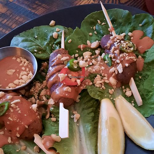Kebabs with peanut sauce at The Tipsy Vegan in Cambridge