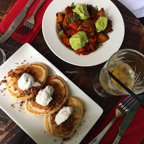 Brunch menu items! Mexicana hash and maple bacon pancakes! Deeeelicious at The Tipsy Vegan in Cambridge
