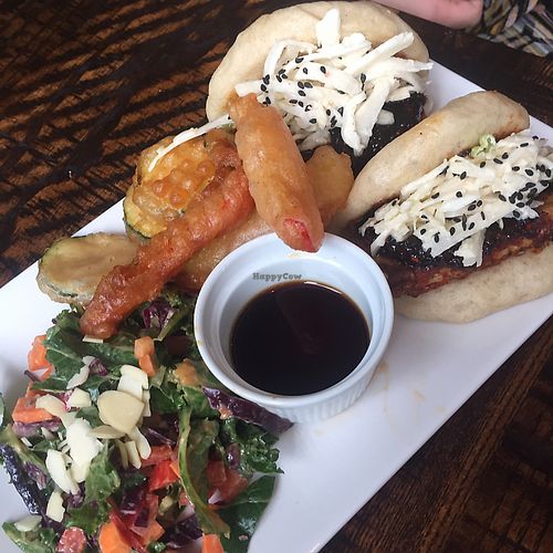 Korean bao buns, with kimchi slaw, tempura vegetables, asian salad ❤️❤️❤️ at The Tipsy Vegan in Cambridge