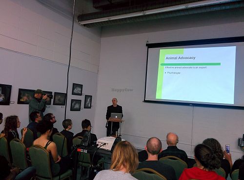 Jack Norris cofounder of Vegan Outreach and registered dietitian speaking at ARC. at Snacktown at the Berkeley Animal Rights Center in Berkeley