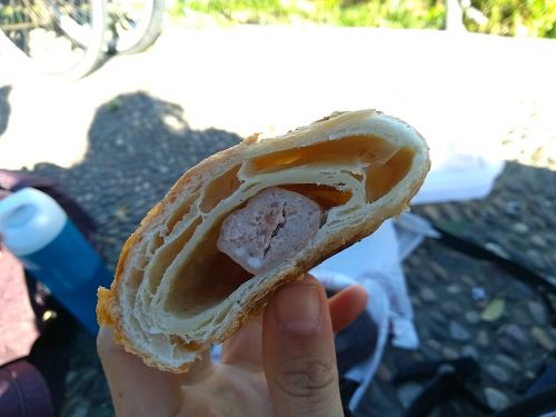 The inside of the vegan sausage croissant (the taste was weird, couldnt eat it..) at Santa Clara Bakery  in Barcelona