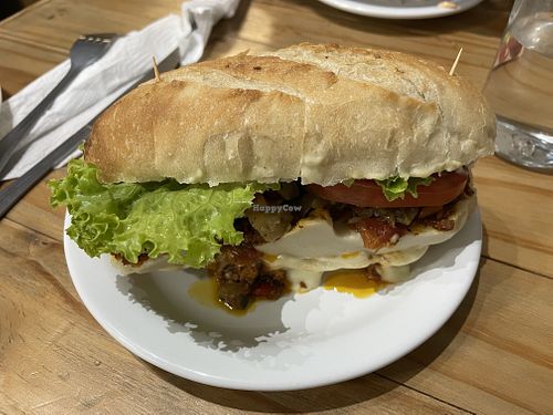 Sanduba Auberdin (chestnut cheese, soy protein, aubergine, leafy greens)   at Pop Art Cafe in Foz Do Iguacu