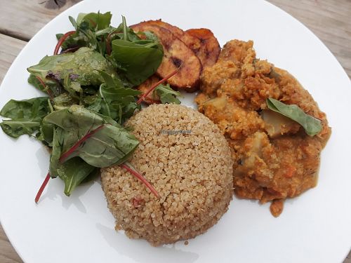 Pumpkin and sweet potato curry with fritters, bulgur and plantain at Eat of Eden in South West London