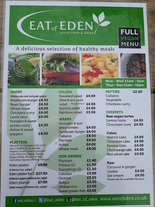 Menu at Eat of Eden in South West London