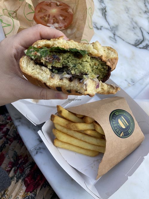 GF falafel burger & fries  at Vburger Camden in North West London