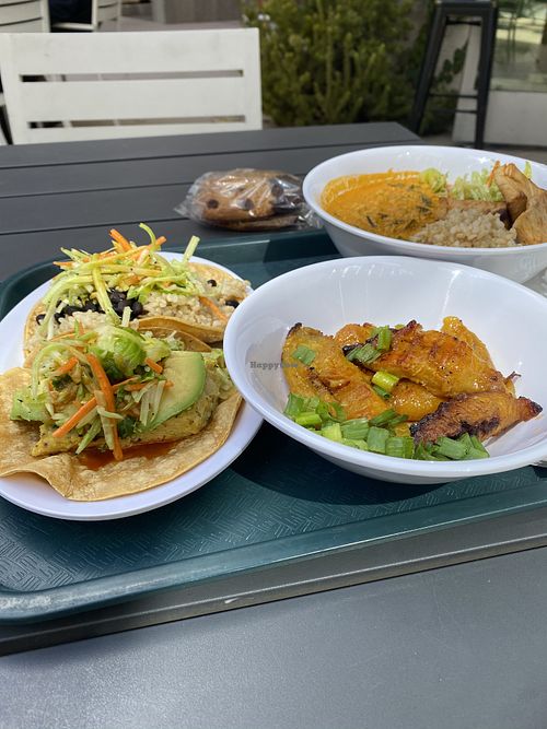 Tacos, plantains, pumpkin seed stew, cookies  at Veg on the Edge in Santa Cruz