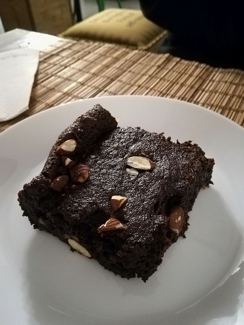 The most amazing Brownie, chocolate, banana, almond - so tasty.  All vegan. at Veggie in Casablanca