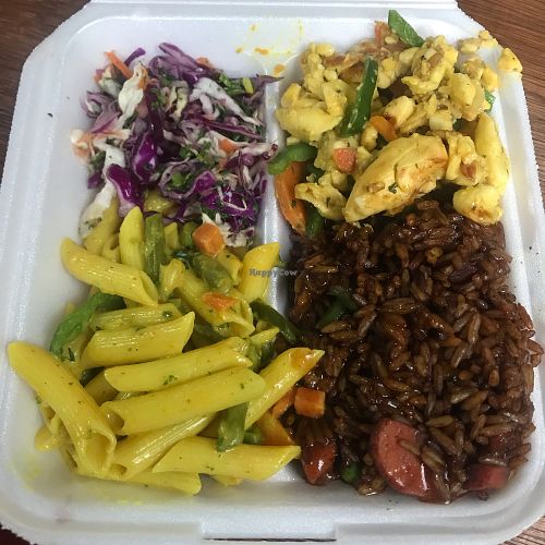 Pastafari, Ackee, veggie fried rice and salad  at The Cheffing Don in Kingston