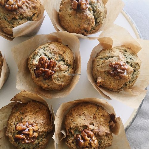 Bruffins! Banana bread and walnut muffins topped with a candied walnut and salted caramel sauce.  at Lone Wolf Cafe in Coggeshall